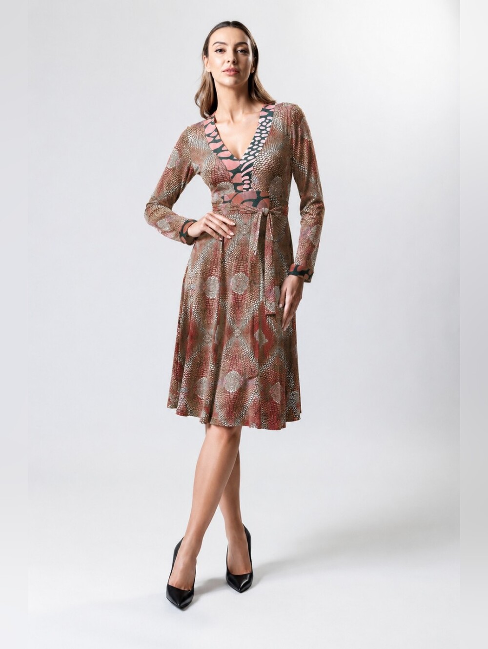 Issa Brown Geometric Long Sleeve Silk Jersey Dress S